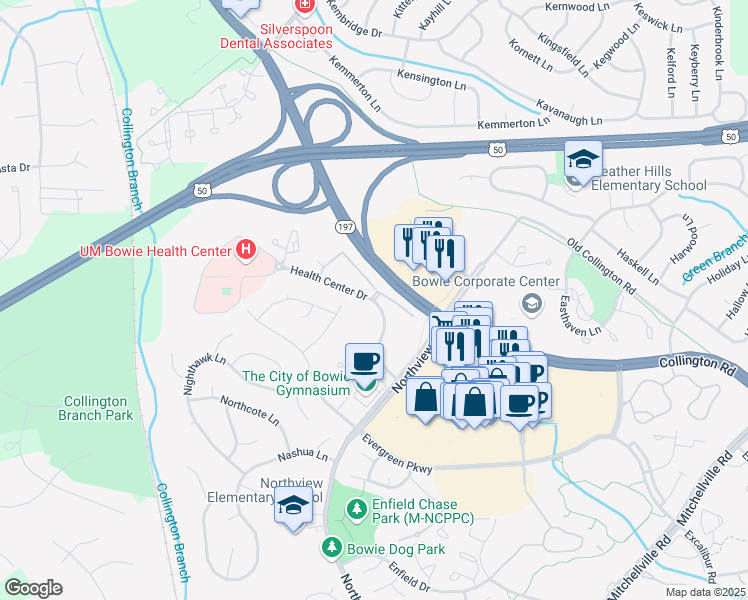 map of restaurants, bars, coffee shops, grocery stores, and more near 14909 Health Center Drive in Bowie