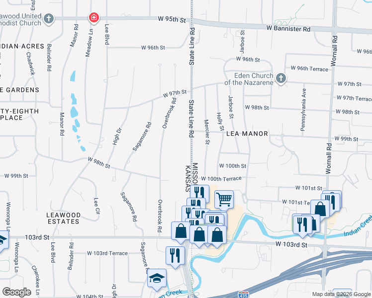 map of restaurants, bars, coffee shops, grocery stores, and more near 9919 State Line Road in Kansas City