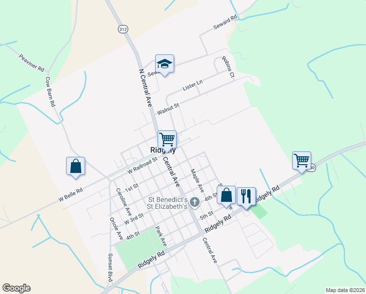 map of restaurants, bars, coffee shops, grocery stores, and more near 10E West 1st Street in Ridgely