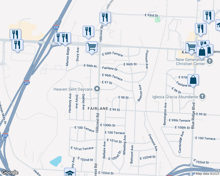 map of restaurants, bars, coffee shops, grocery stores, and more near 5809 East 97th Terrace in Kansas City