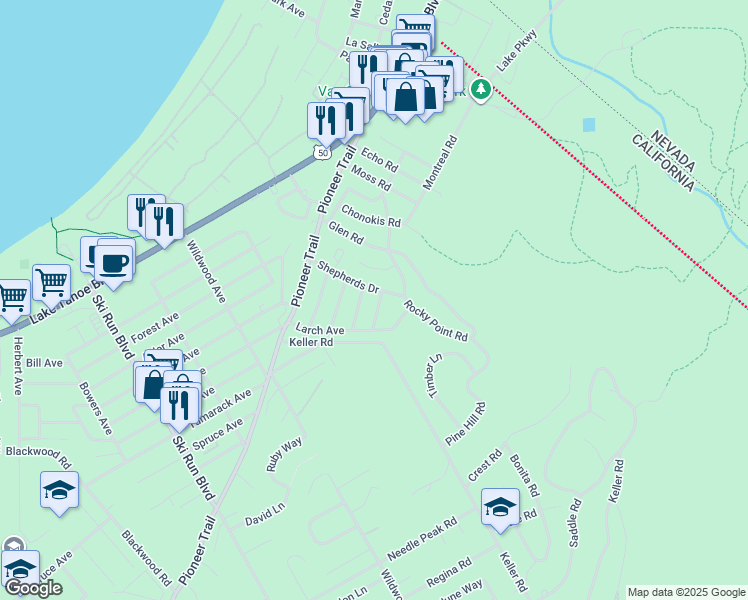 map of restaurants, bars, coffee shops, grocery stores, and more near 3828 Brian Lane in South Lake Tahoe