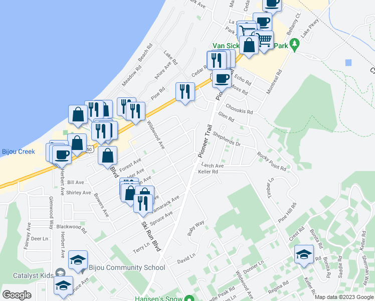 map of restaurants, bars, coffee shops, grocery stores, and more near 3801 Aspen Avenue in South Lake Tahoe