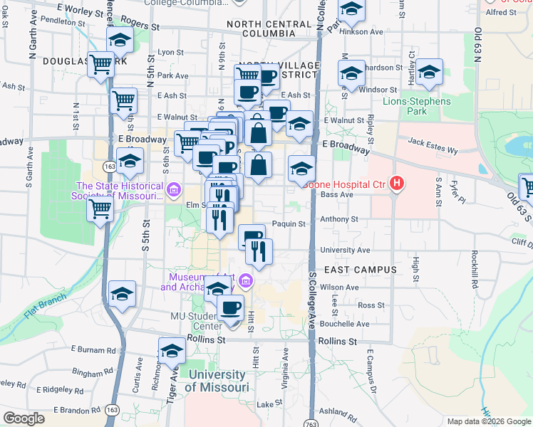 map of restaurants, bars, coffee shops, grocery stores, and more near 1108 Hamilton Way in Columbia