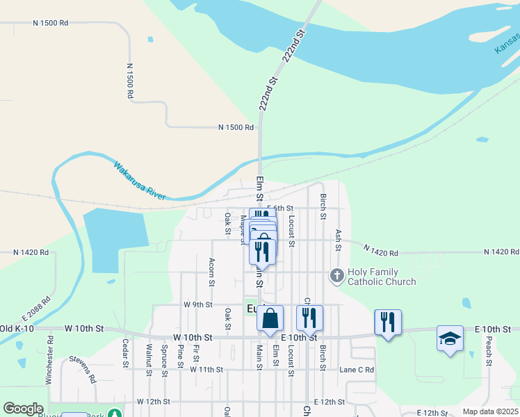 map of restaurants, bars, coffee shops, grocery stores, and more near 600 Main Street in Eudora