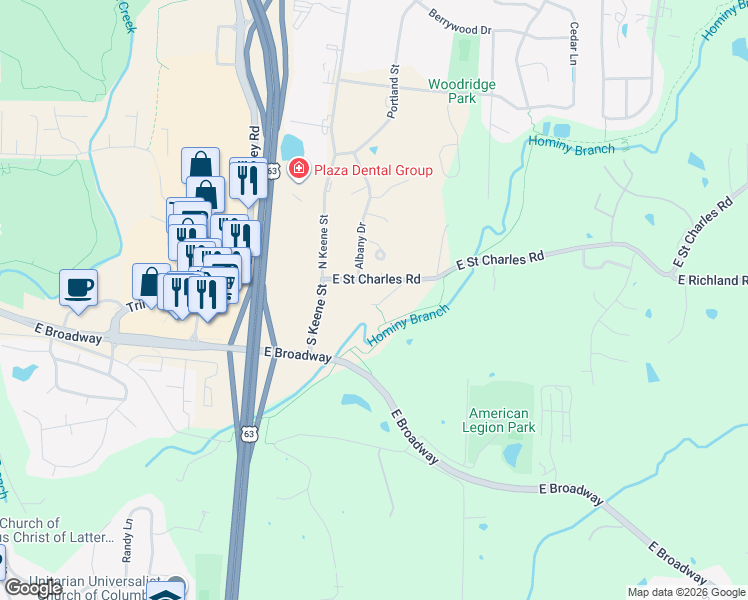 map of restaurants, bars, coffee shops, grocery stores, and more near 210 South Keene Street in Columbia