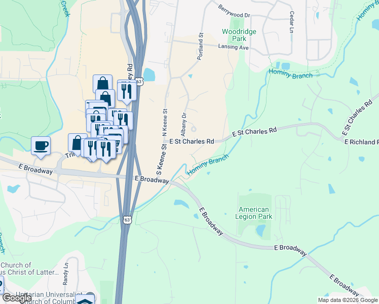 map of restaurants, bars, coffee shops, grocery stores, and more near 210 South Keene Street in Columbia
