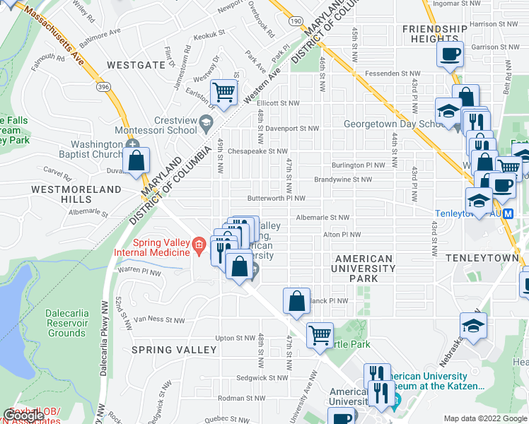 map of restaurants, bars, coffee shops, grocery stores, and more near 4501 48th Street Northwest in Washington