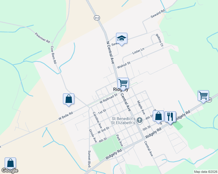 map of restaurants, bars, coffee shops, grocery stores, and more near 103 West Belle Street in Ridgely
