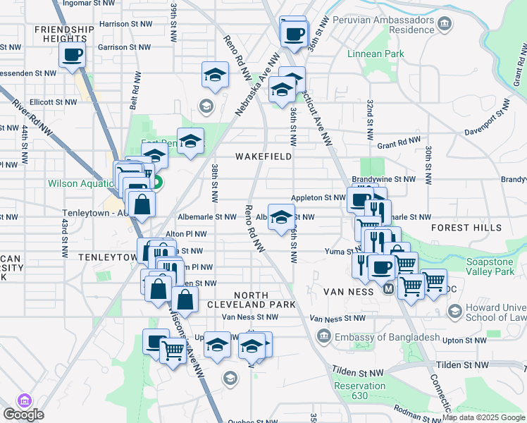 map of restaurants, bars, coffee shops, grocery stores, and more near 3629 Albemarle Street Northwest in Washington