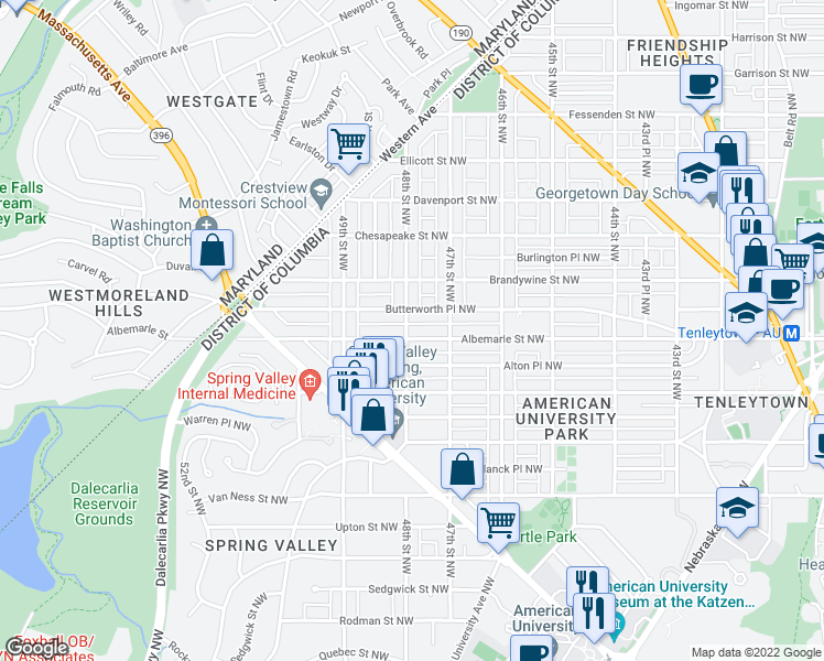 map of restaurants, bars, coffee shops, grocery stores, and more near 4501 48th Street Northwest in Washington