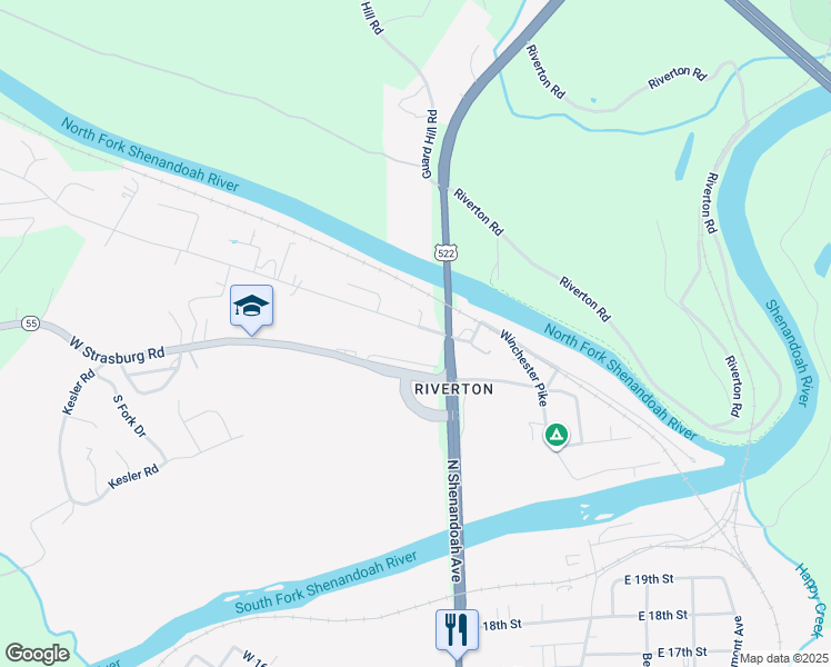 map of restaurants, bars, coffee shops, grocery stores, and more near 31 West Duck Street in Front Royal