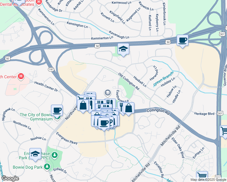 map of restaurants, bars, coffee shops, grocery stores, and more near 15691 Easthaven Court in Bowie