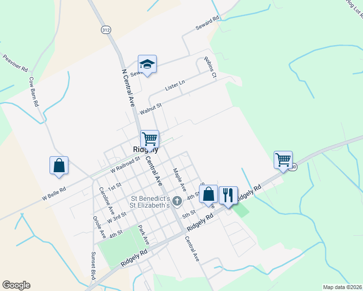 map of restaurants, bars, coffee shops, grocery stores, and more near 102 Sunrise Avenue in Ridgely