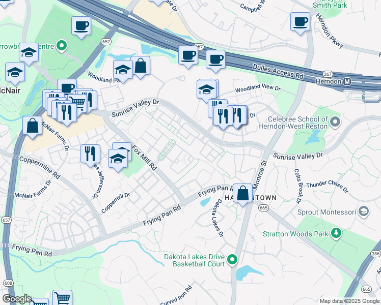 map of restaurants, bars, coffee shops, grocery stores, and more near 13028 Greg Roy Lane in Herndon