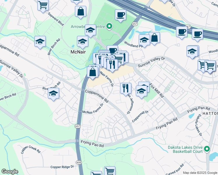 map of restaurants, bars, coffee shops, grocery stores, and more near 2489 Quick Street in Herndon