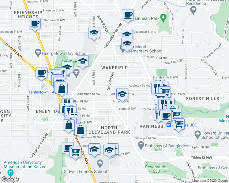 map of restaurants, bars, coffee shops, grocery stores, and more near 3629 Albemarle Street Northwest in Washington