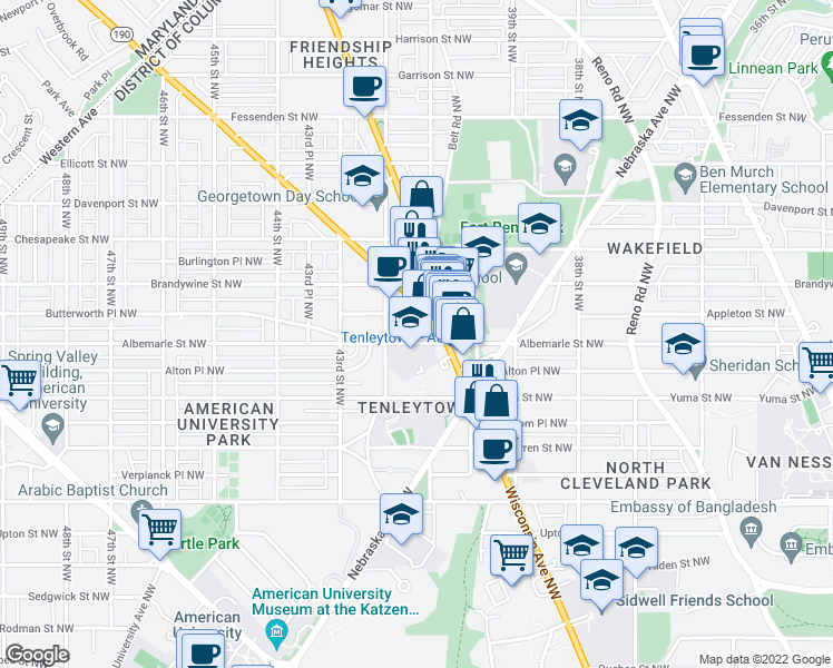 map of restaurants, bars, coffee shops, grocery stores, and more near 4101 Albemarle Street Northwest in Washington