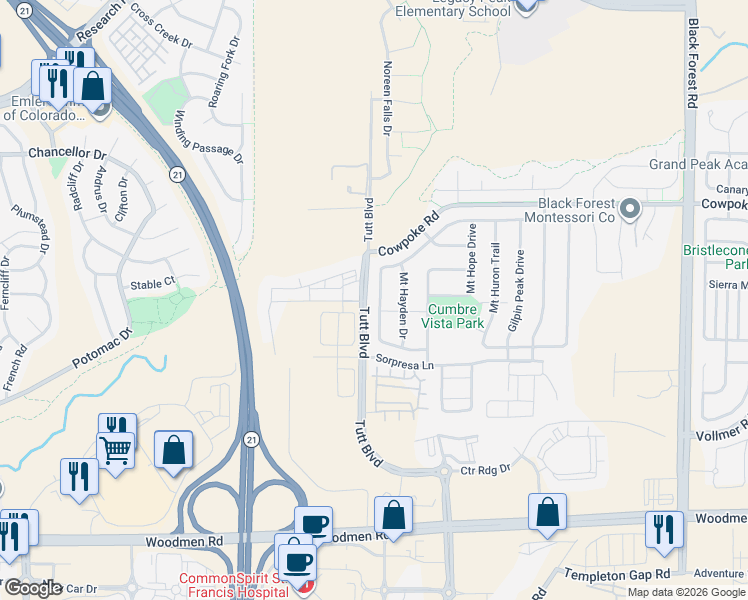 map of restaurants, bars, coffee shops, grocery stores, and more near 5998 Cumbre Vista Way in Colorado Springs