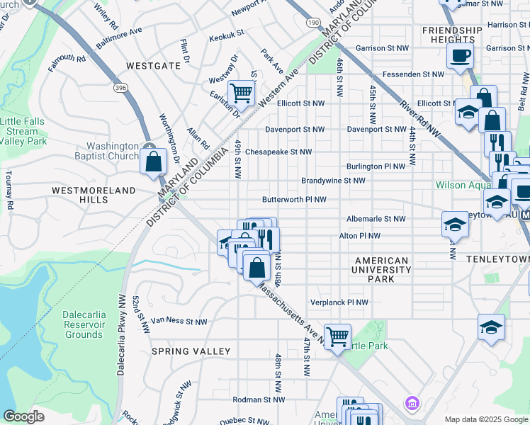 map of restaurants, bars, coffee shops, grocery stores, and more near 4815 Albemarle Street Northwest in Washington