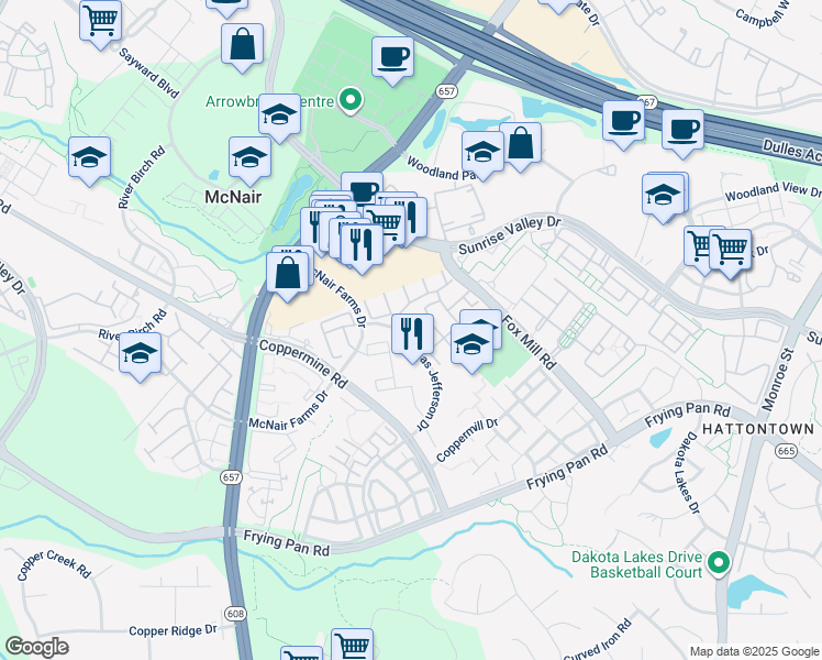 map of restaurants, bars, coffee shops, grocery stores, and more near 2439 Wheat Meadow Circle in Herndon