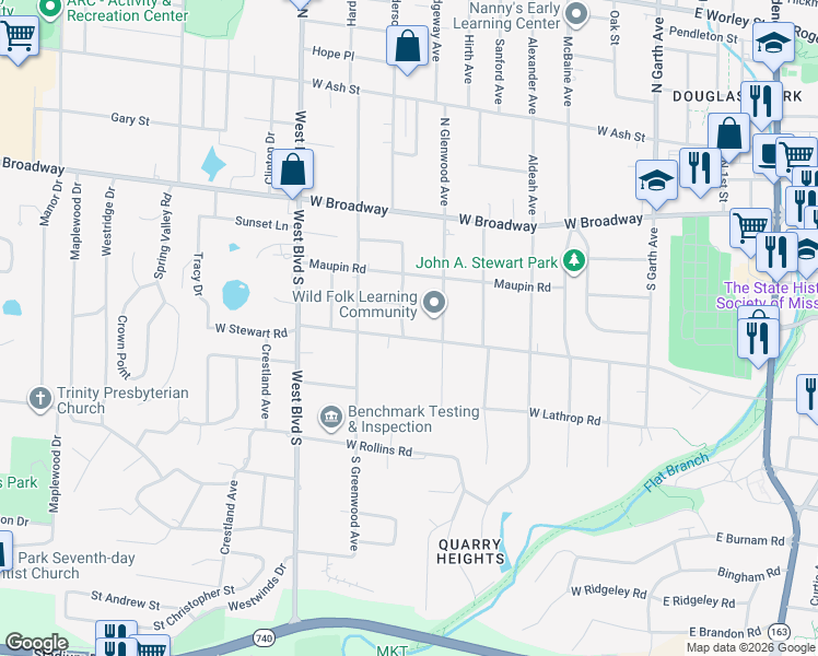 map of restaurants, bars, coffee shops, grocery stores, and more near 802 West Stewart Road in Columbia