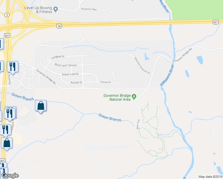 map of restaurants, bars, coffee shops, grocery stores, and more near Governor Bridge Road in Bowie