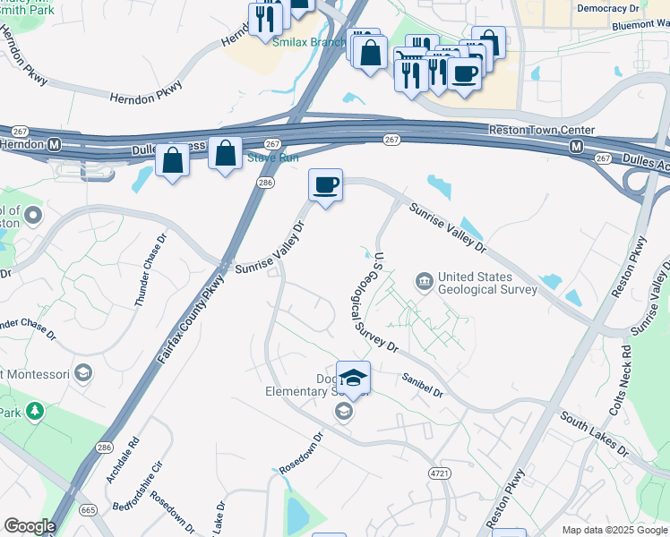 map of restaurants, bars, coffee shops, grocery stores, and more near 12369 Sunrise Valley Drive in Reston