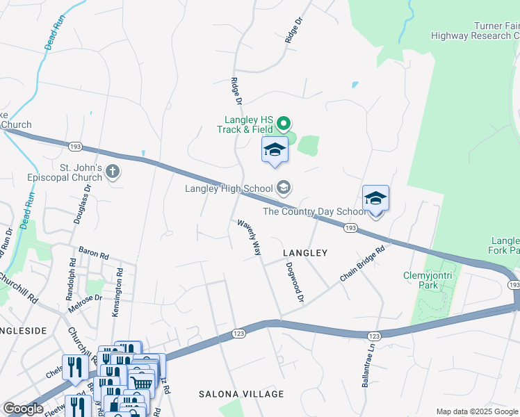 map of restaurants, bars, coffee shops, grocery stores, and more near 6539 Georgetown Pike in McLean