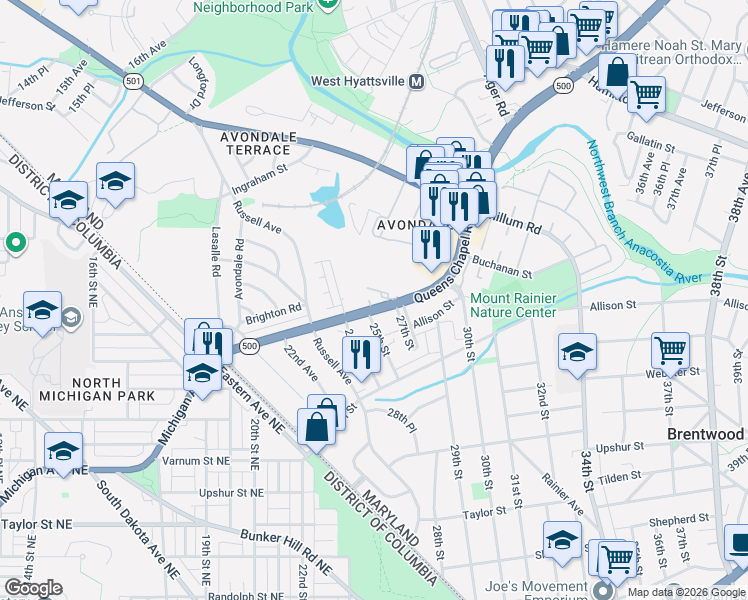 map of restaurants, bars, coffee shops, grocery stores, and more near 2500 Queens Chapel Road in Hyattsville