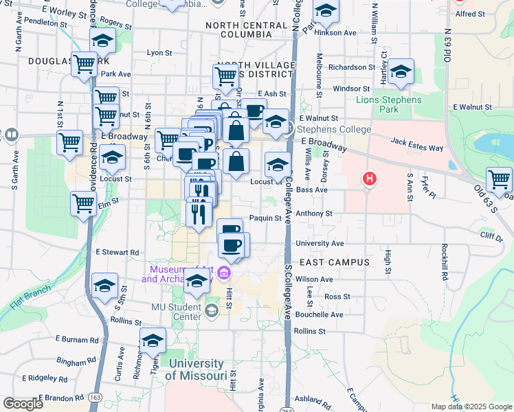 map of restaurants, bars, coffee shops, grocery stores, and more near 303 Waugh Street in Columbia