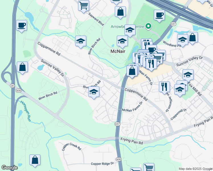 map of restaurants, bars, coffee shops, grocery stores, and more near 2539 Banshire Drive in Herndon