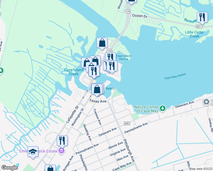 map of restaurants, bars, coffee shops, grocery stores, and more near 1530 Yacht Avenue in Cape May