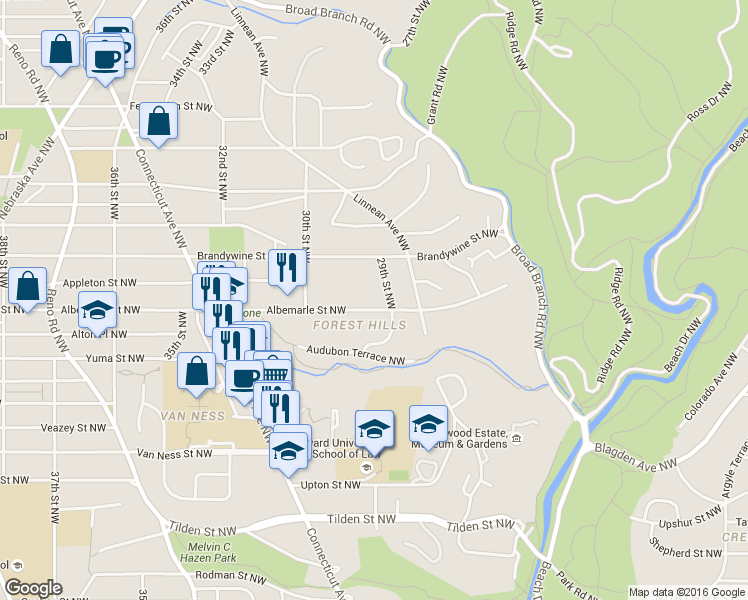 map of restaurants, bars, coffee shops, grocery stores, and more near 2915 Albemarle Street Northwest in Washington