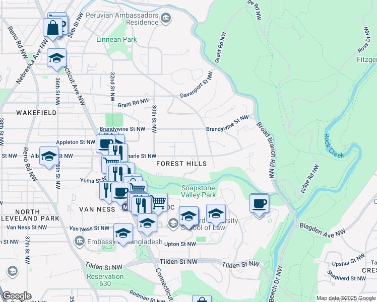 map of restaurants, bars, coffee shops, grocery stores, and more near 2915 Albemarle Street Northwest in Washington