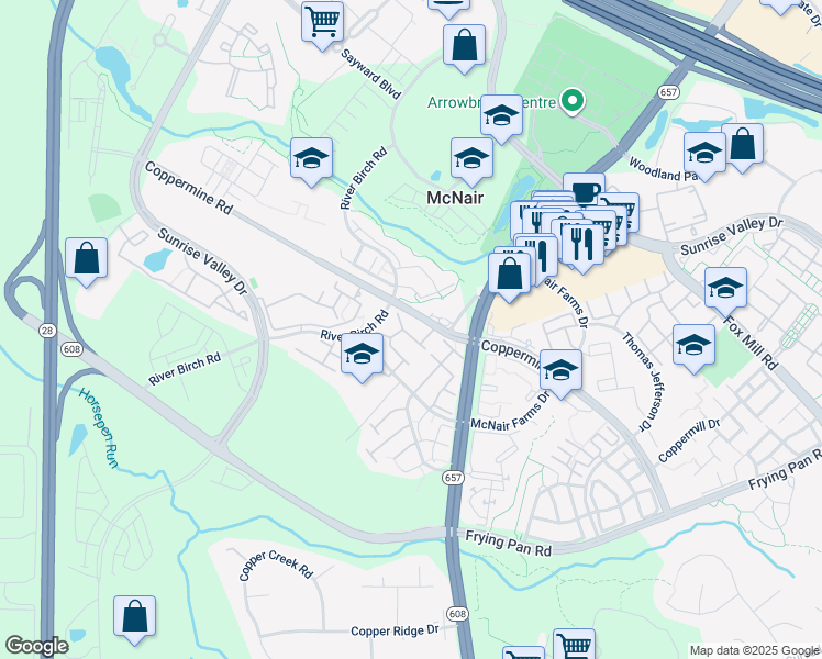 map of restaurants, bars, coffee shops, grocery stores, and more near 2539 Banshire Drive in Herndon