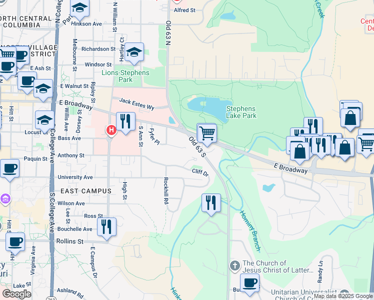 map of restaurants, bars, coffee shops, grocery stores, and more near 1816 Sunrise Drive in Columbia