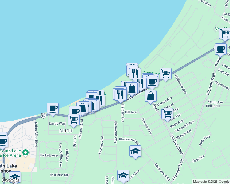 map of restaurants, bars, coffee shops, grocery stores, and more near 3535 Lake Tahoe Boulevard in South Lake Tahoe