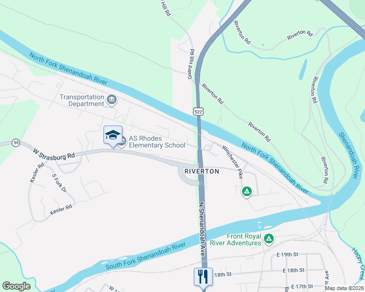 map of restaurants, bars, coffee shops, grocery stores, and more near 30 West Strasburg Road in Front Royal