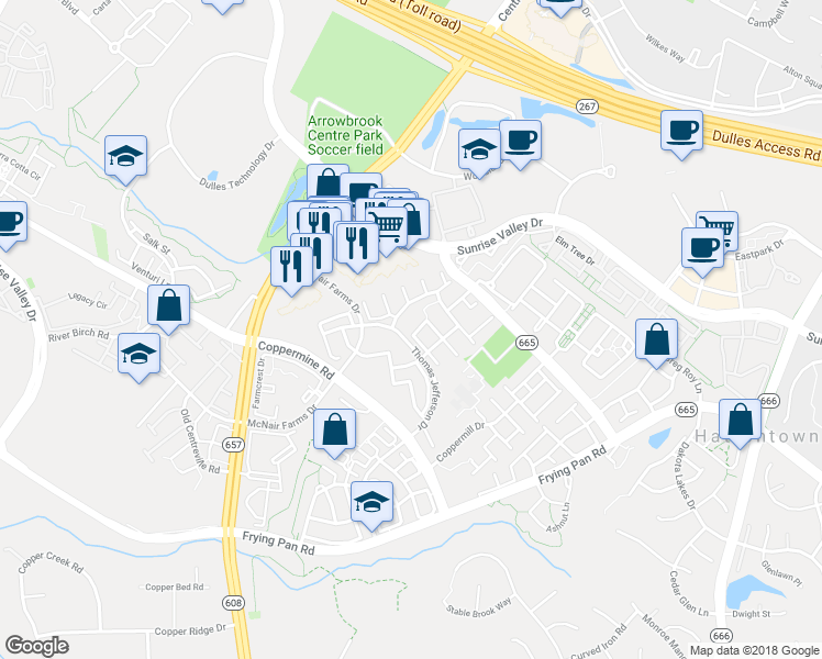 map of restaurants, bars, coffee shops, grocery stores, and more near 2441 Wheat Meadow Circle in Herndon