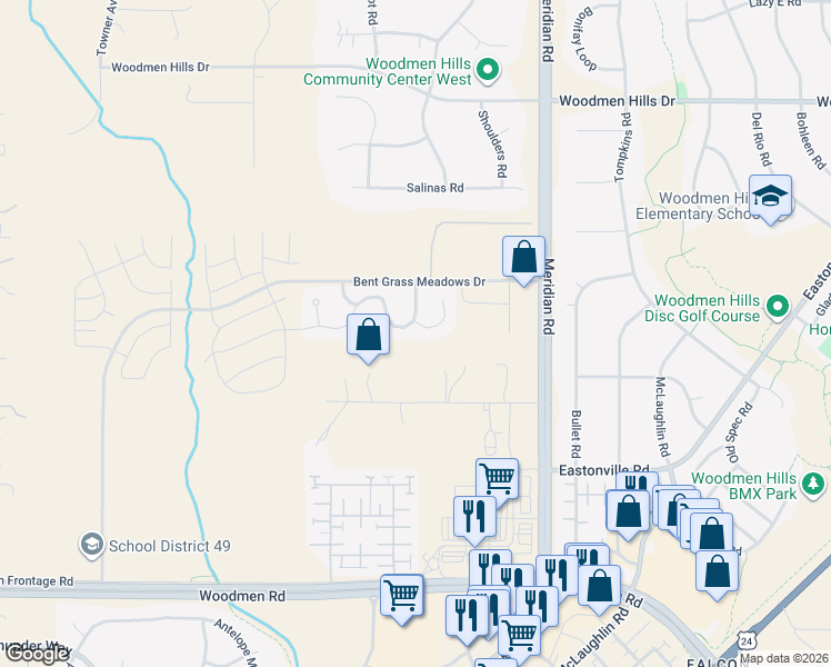 map of restaurants, bars, coffee shops, grocery stores, and more near 11642 Avena Road in Peyton