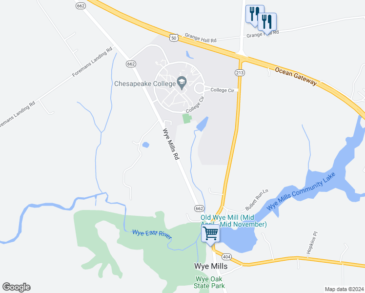 map of restaurants, bars, coffee shops, grocery stores, and more near 509 Wye Mills Road in Queenstown