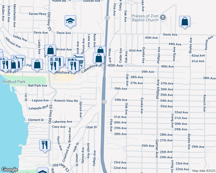 map of restaurants, bars, coffee shops, grocery stores, and more near 15548 37th Avenue in Clearlake