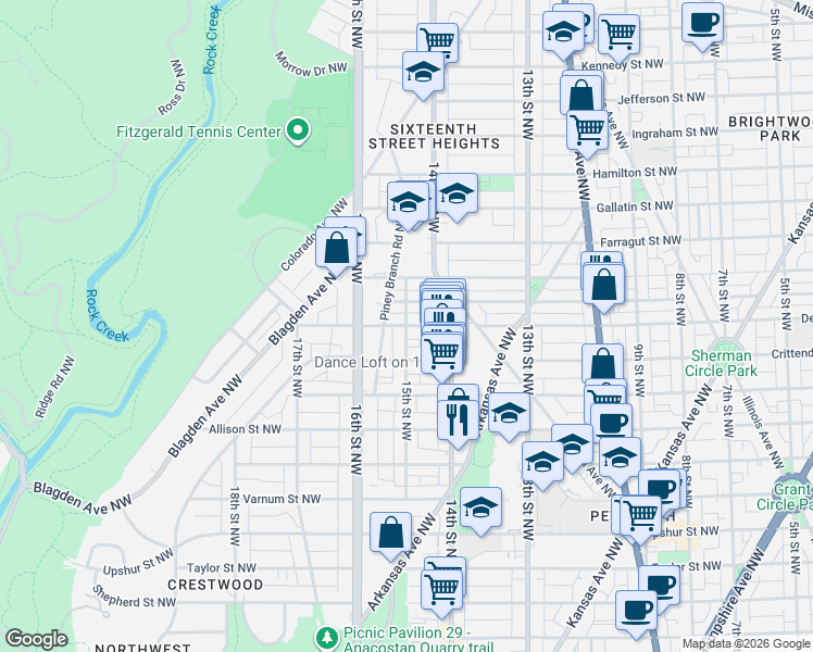 map of restaurants, bars, coffee shops, grocery stores, and more near Decatur Street Northwest & 15th Street Northwest in Washington