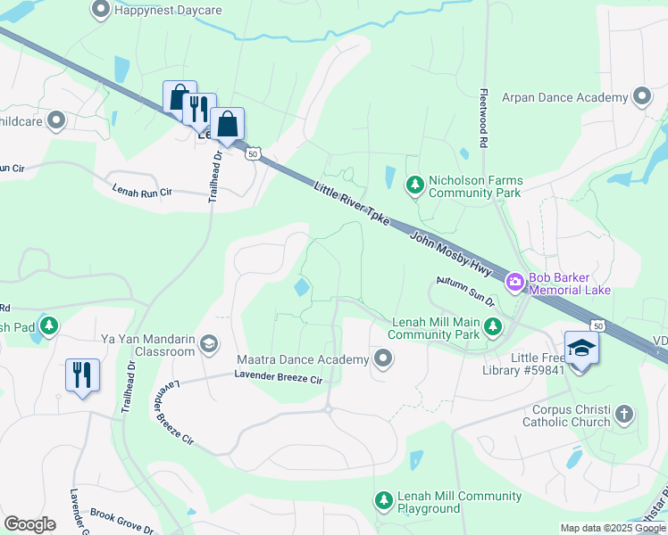 map of restaurants, bars, coffee shops, grocery stores, and more near 24191 Audubon Trail Drive in Aldie