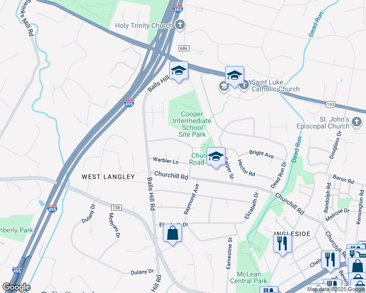 map of restaurants, bars, coffee shops, grocery stores, and more near 7121 Thrasher Road in McLean