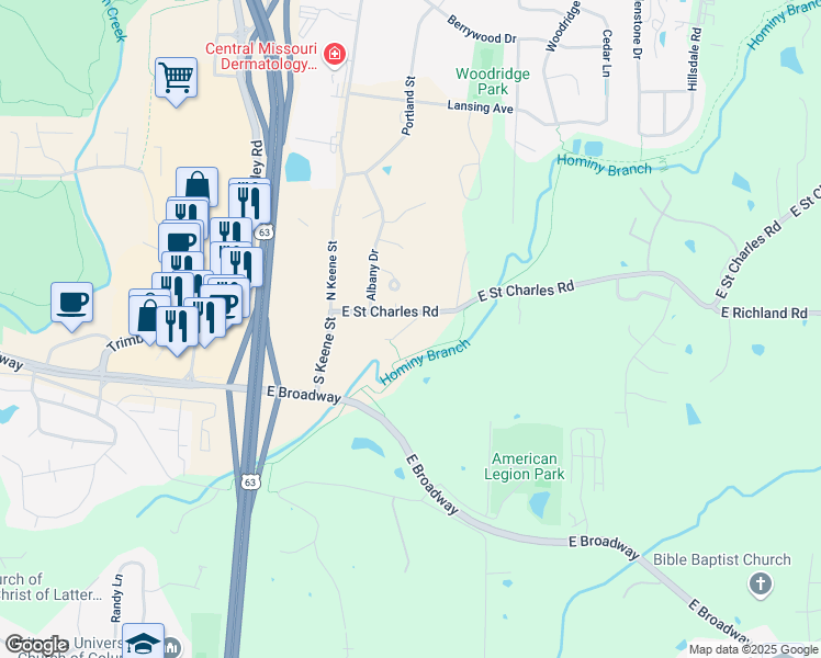 map of restaurants, bars, coffee shops, grocery stores, and more near 3301-3379 St Charles Rd in Columbia