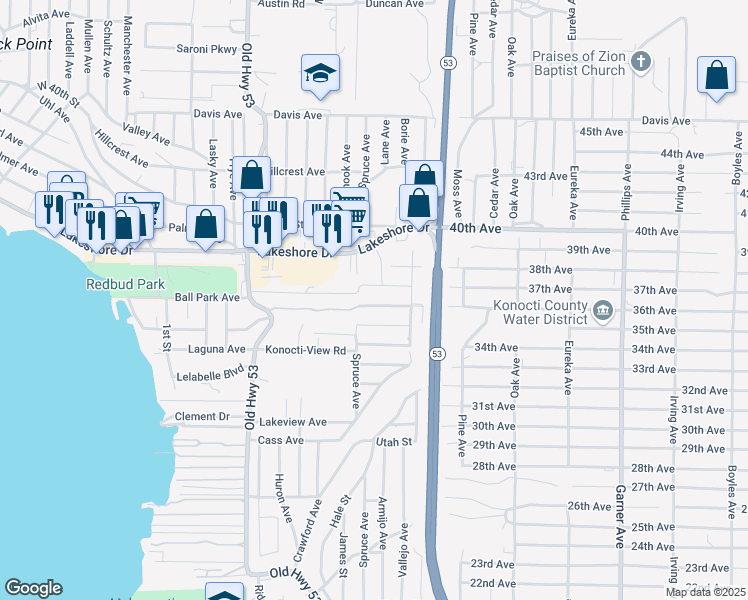 map of restaurants, bars, coffee shops, grocery stores, and more near 15336 Brannan Street in Clearlake