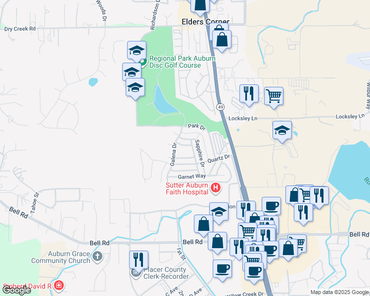 map of restaurants, bars, coffee shops, grocery stores, and more near 3675 Galena Drive in Auburn