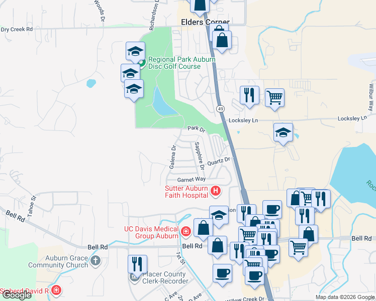 map of restaurants, bars, coffee shops, grocery stores, and more near 3724 Sapphire Drive in Auburn