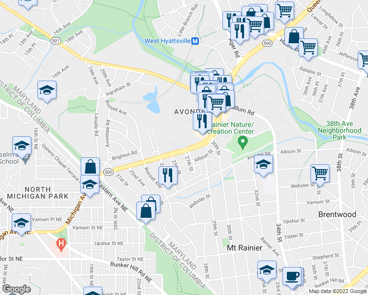 map of restaurants, bars, coffee shops, grocery stores, and more near 2500 Queens Chapel Road in Hyattsville